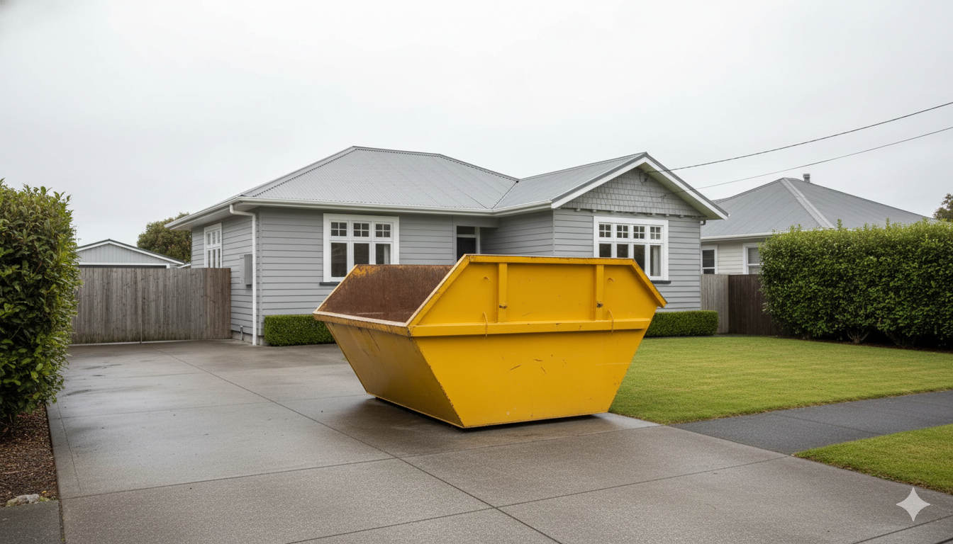 A 4 cubic metre yellow skip bin on an Auckland driveway
